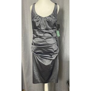 Melrose Gunmetal Satin Cocktail Dress Size 14 Ruched Sleeveless Sheath NWT